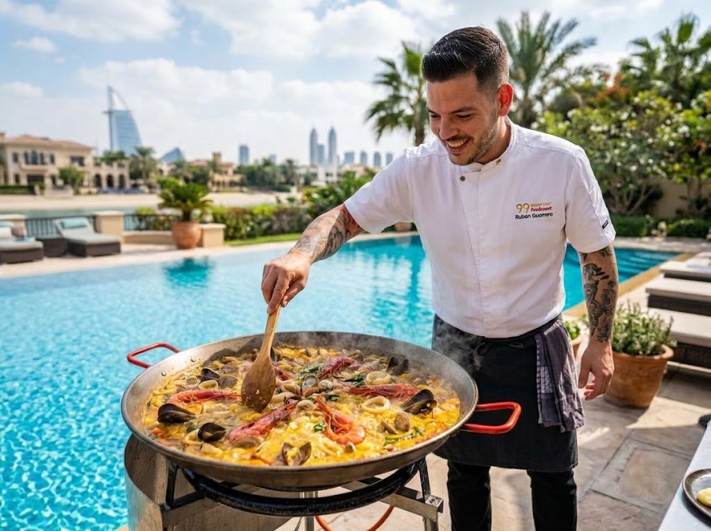 Chef Rubén Guerrero preparing paella over open flame outdoors by a villa pool