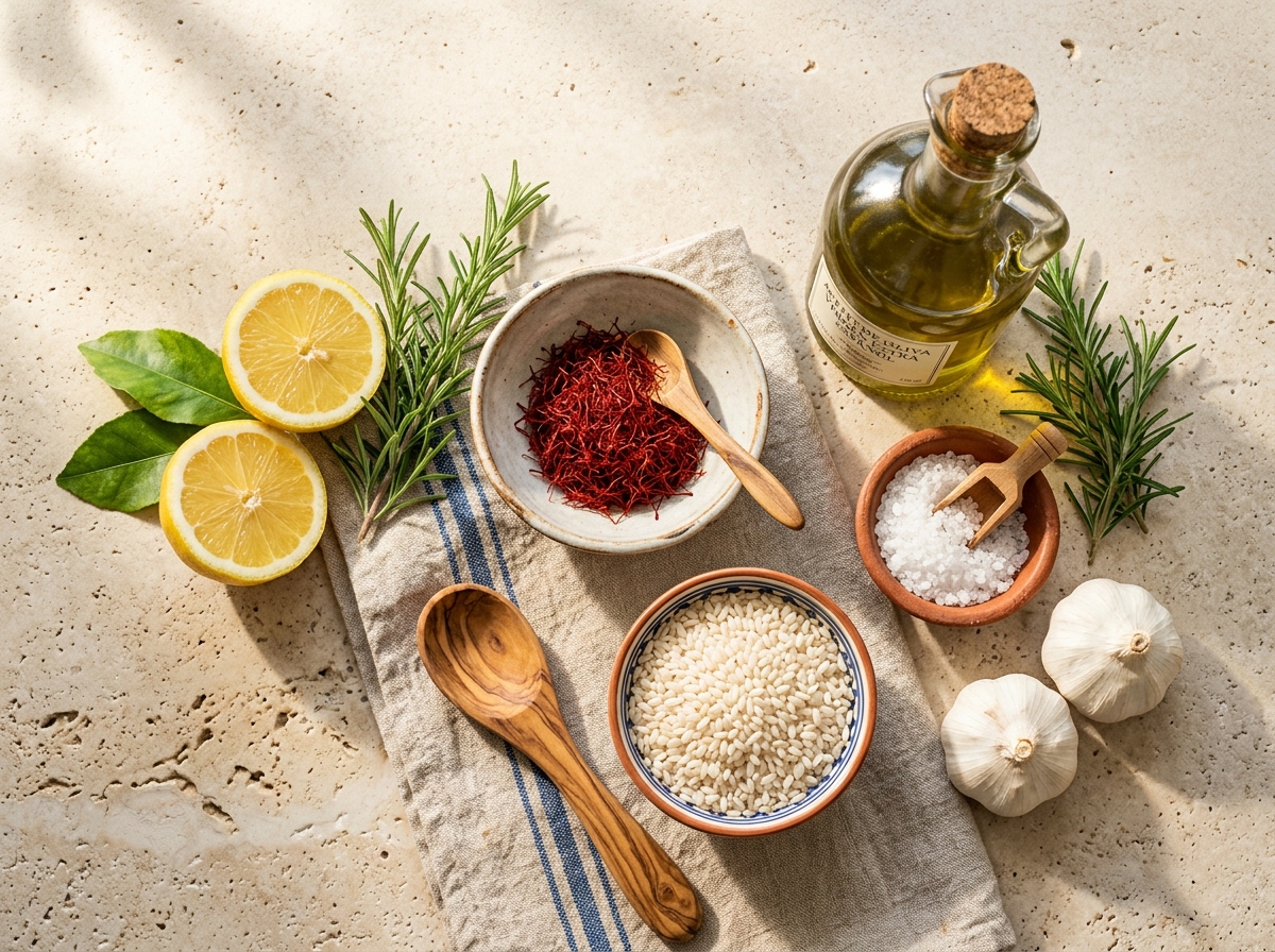 Fresh Mediterranean ingredients: Spanish saffron, olive oil, lemons, and rice