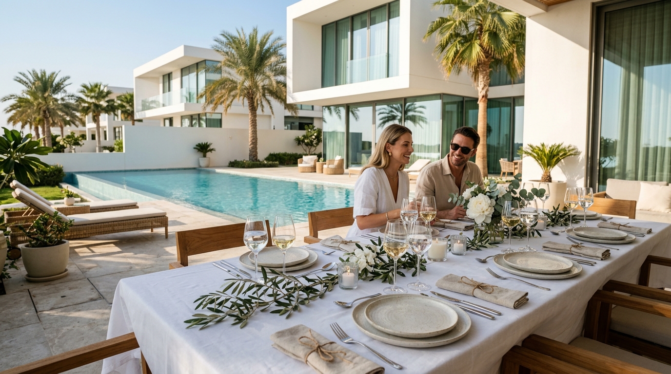 Dubai private villa poolside dining under the palms